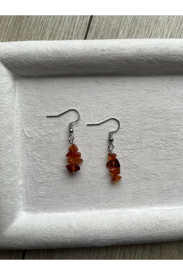 Blood Amber Stone Silver Color Steel Earrings Handmade