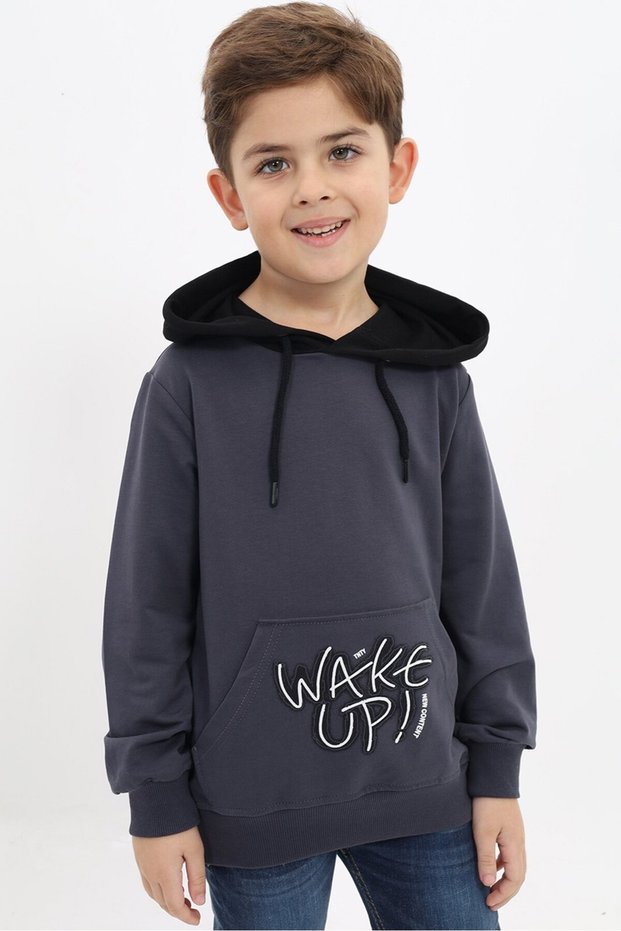 Füme Erkek Çocuk Relax Fit Hooded Cepli Color Block Printed Sweatshirt - 2 İplik