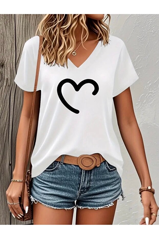Half Heart Printed Women's Oversize V-Neck T-Shirt