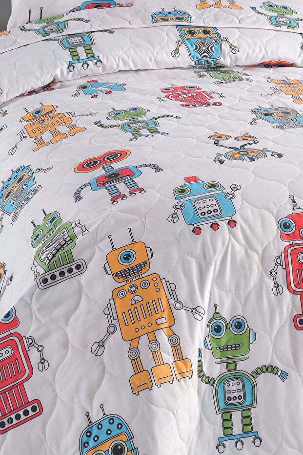 Yatak Örtüsü Seti Tek Kişilik Pamuklu 2 Parça – Roboti Desen – Beyaz / Yumuşak Dokulu - 4
