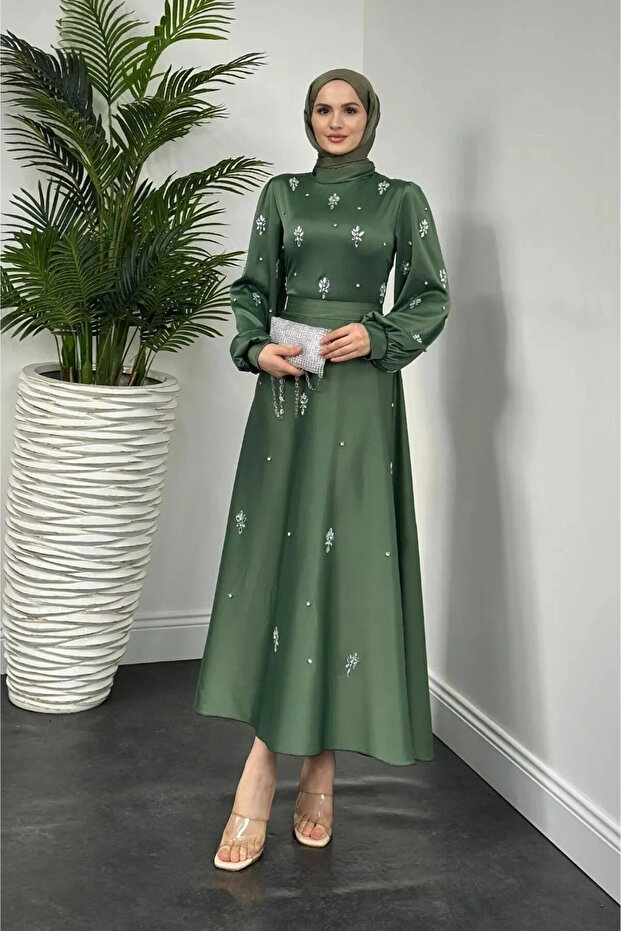 Nove Stone Satin Flared Evening Dress - Khaki