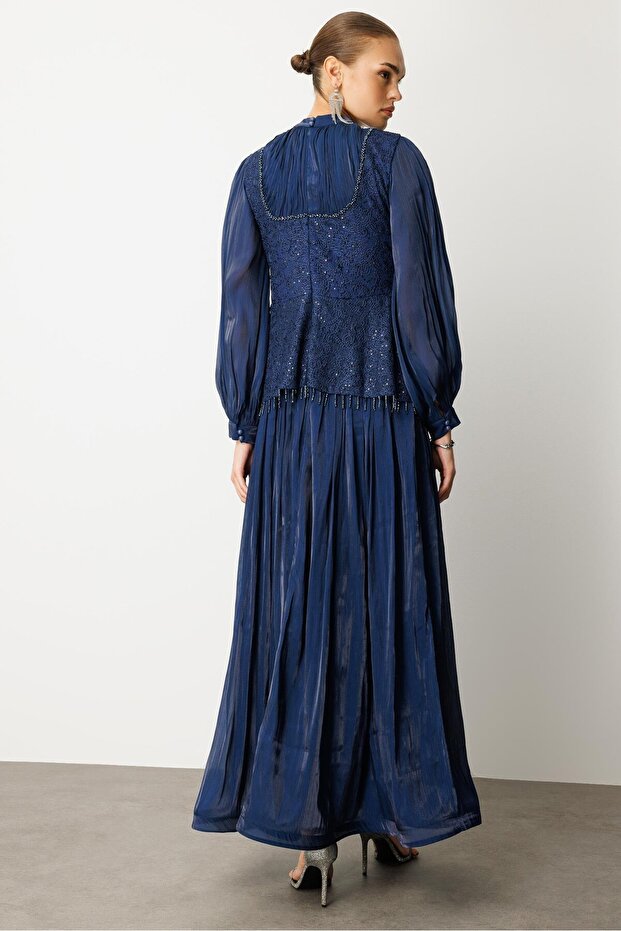 Drape İşlemeli Elbise LACİVERT - 7
