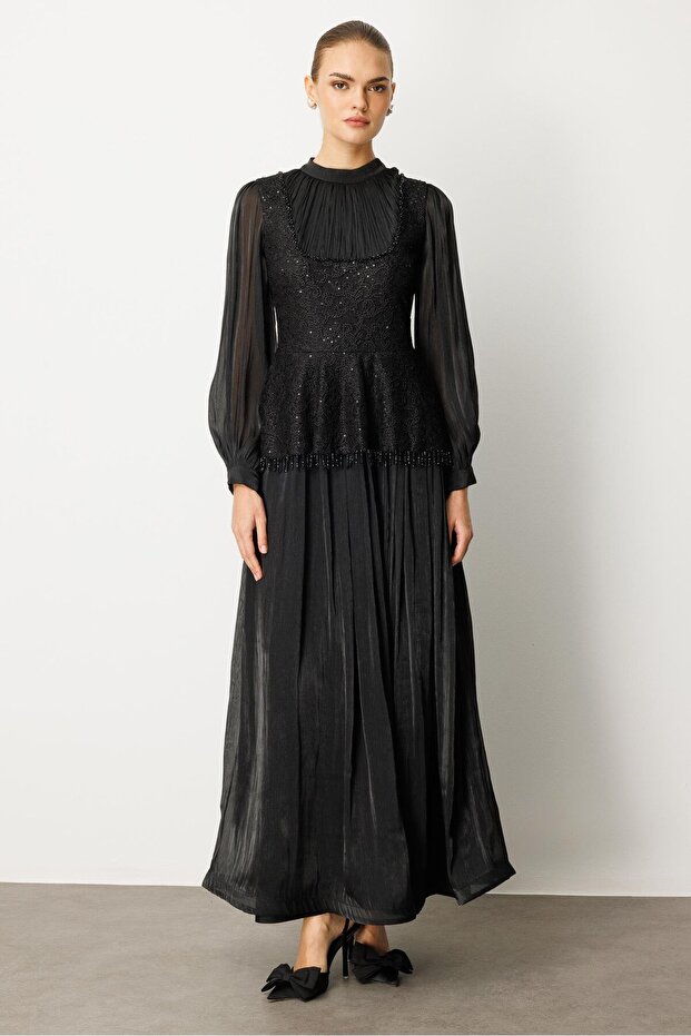 Drape İşlemeli Elbise SİYAH - 1