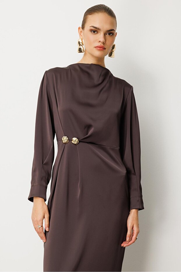 Drapeli Yüksek Yaka Midi Elbise KAHVE - 6