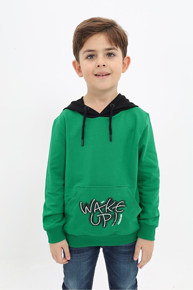 Grass Green Boys' Relax Fit Hooded Pocket Color Block Printed Sweatshirt - 2 Thread