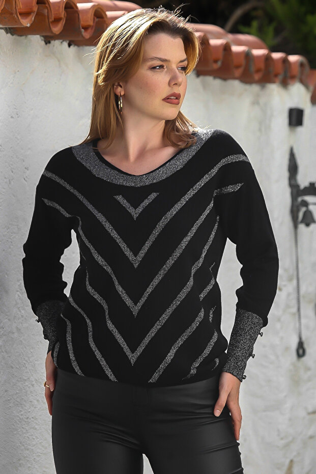Black V-Neck Cuffed Sleeves Buttoned Glitter Casual Knitwear Sweater 65 60
