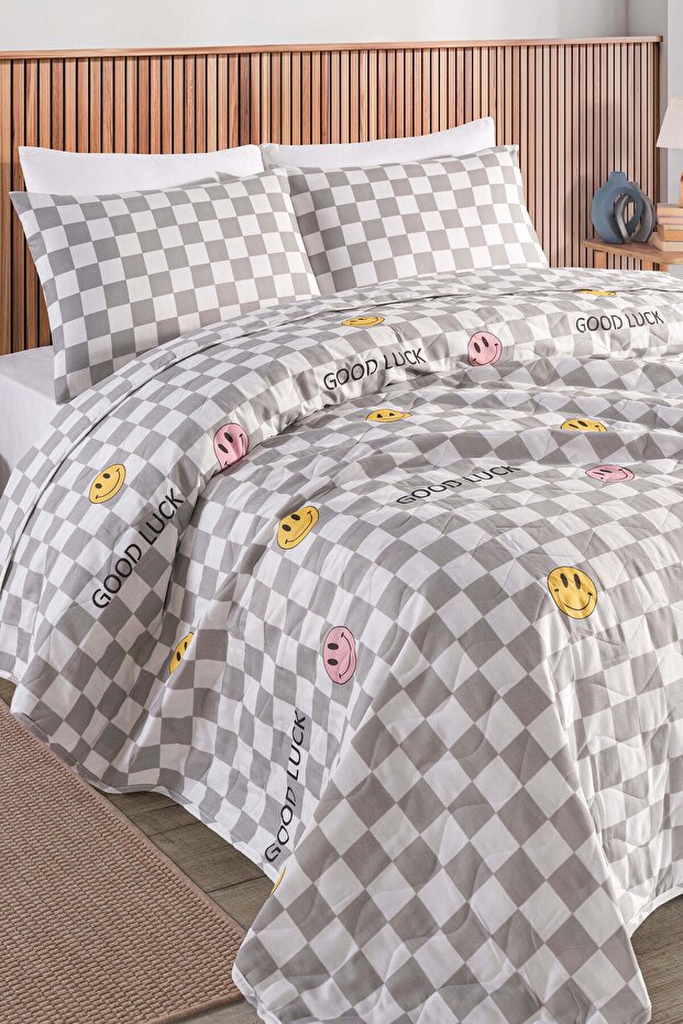 Kapitone Yatak Örtüsü Seti Çift Kişilik Good Luck Gri - 1
