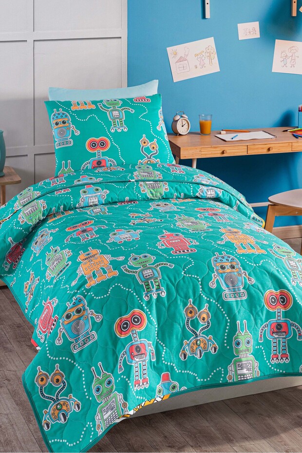 Yatak Örtüsü Seti Tek Kişilik Pamuklu 2 Parça – Roboti Desen – Yeşil / Yumuşak Dokulu - 1