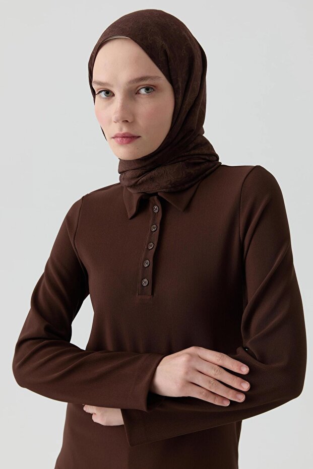 Polo Yaka Örme Bluz - Kahve - 3