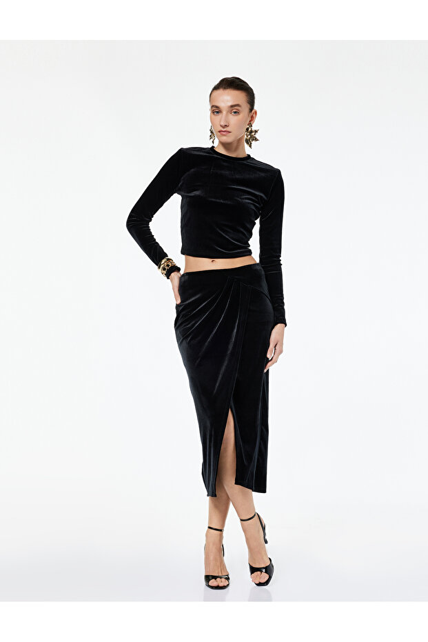 Slim Fit Draped Slit Double-Breasted Midi Velvet Skirt