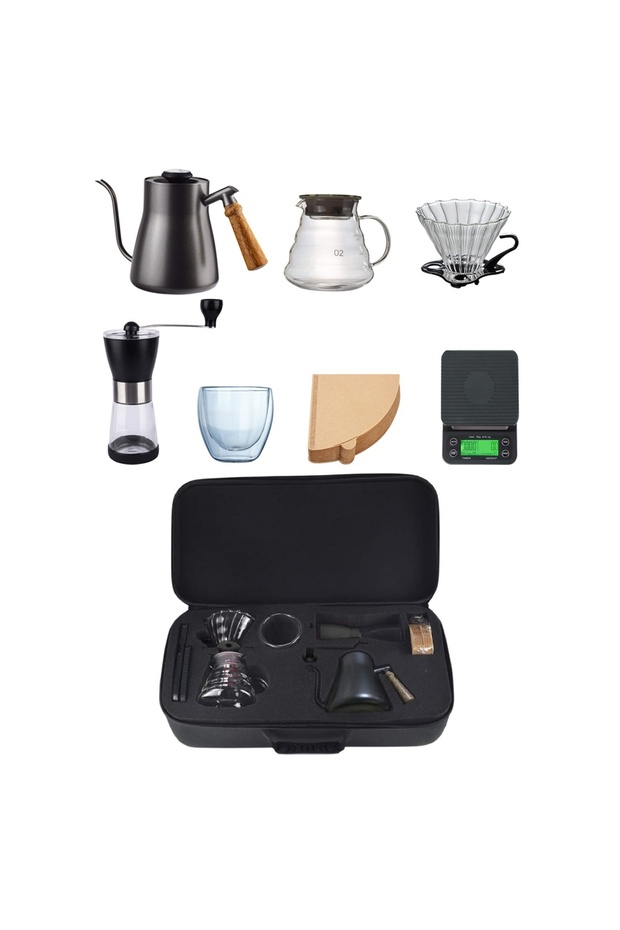 مجموعة ماكينة تحضير القهوة اليدوية V60 Premium Pour Over من 7 قطع مع مطحنة يدوية وقطارة