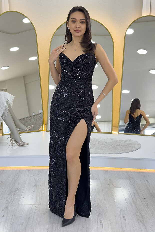 Women's Rope Strap Sequin Y Slit Evening Dress Green, Black, White, Navy Blue