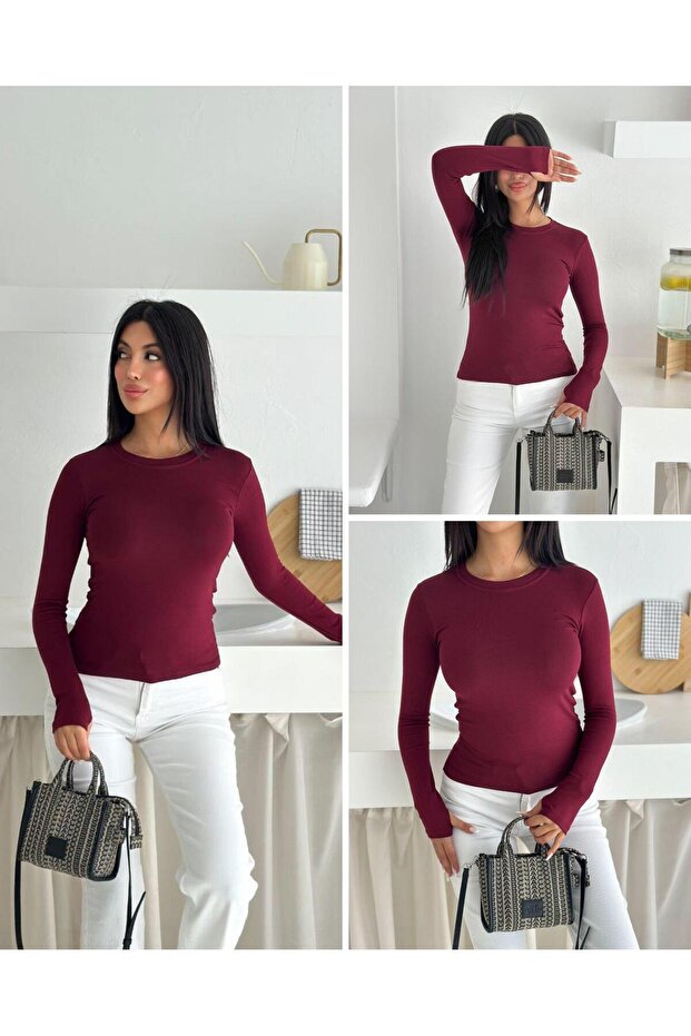 Women's Crew Neck Long Sleeve Finger-Loop Modal Full Lycra Buzy Bady T-Shirt