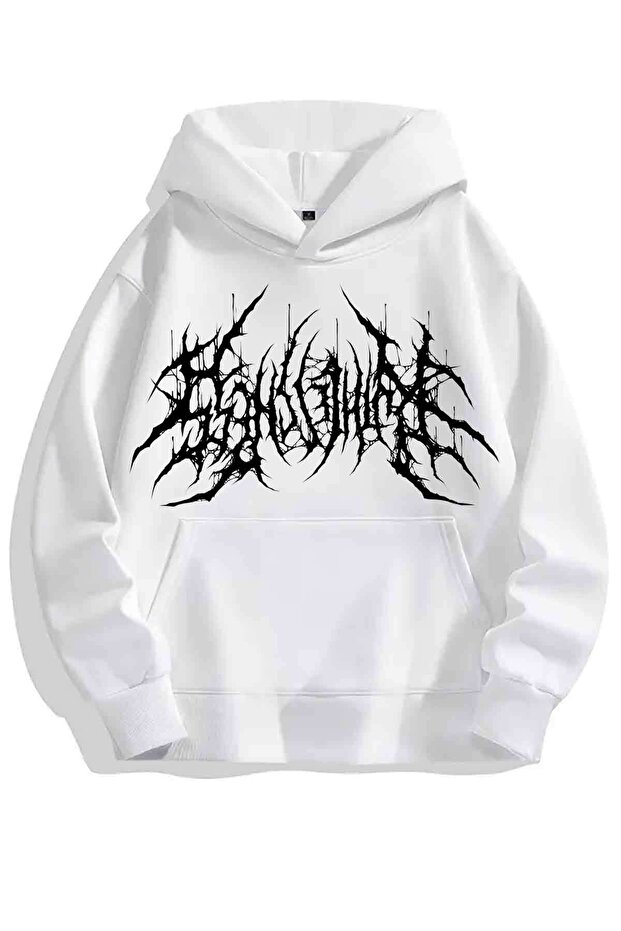 Unisex Hooded Sweatshirt with Gothic Print Detail - Oversized Sweatshirt