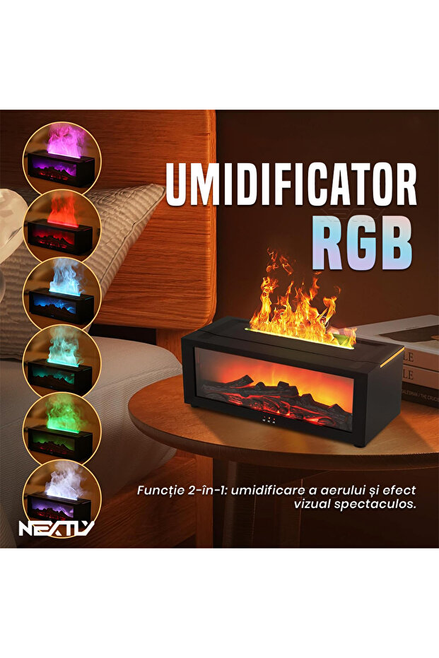 USB-C Aromatherapy Flame Effect Diffuser, RGB Lighting, Remote Control, Black, 150ml - 2