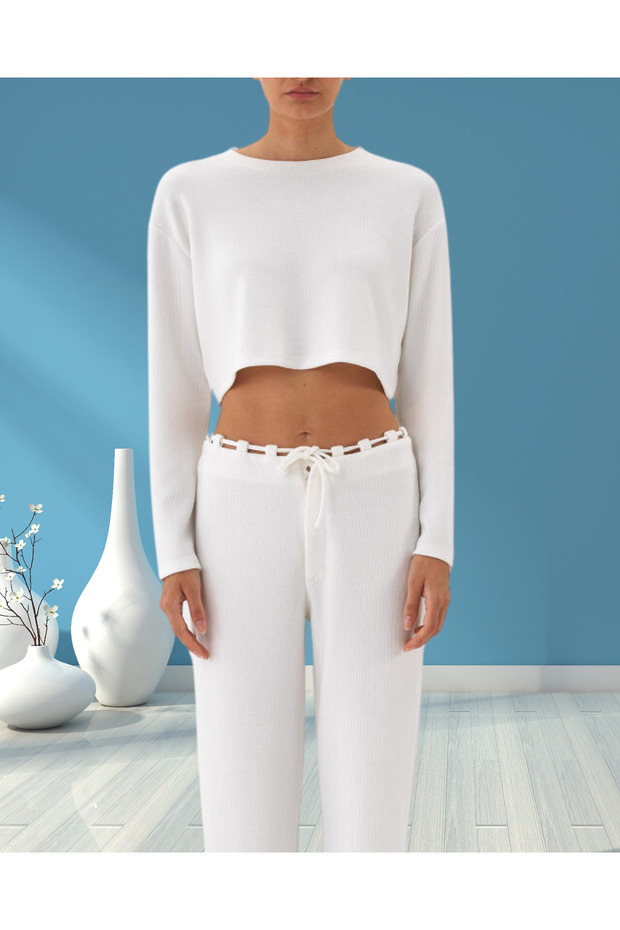 Women's Ecru Stretchy Textured Regular Fit Short Skirt Off-Shoulder Blouse
