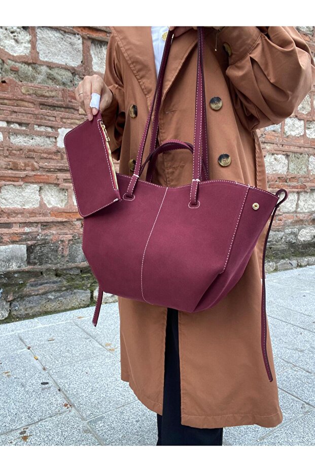 Suede Burgundy Women's Polen Hand and Shoulder Bag