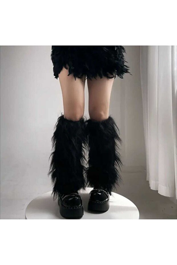 Long Black Color Plush Fur Leg Warmers