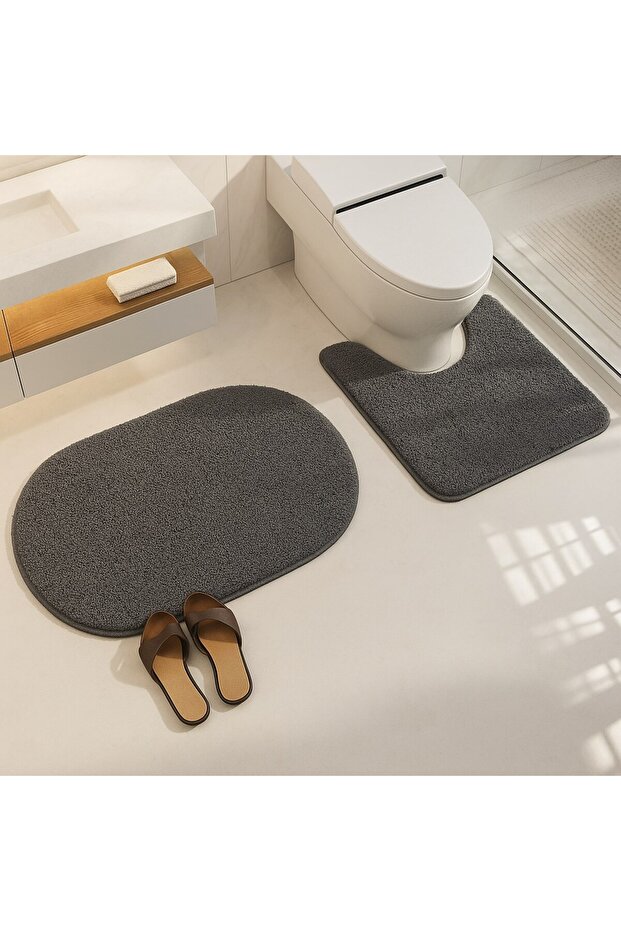 Shaggy Oval 2-Piece Bath Mat Set 60X100-60X50 100% Natural Latex Non-Slip Base Washable Bathroom Set