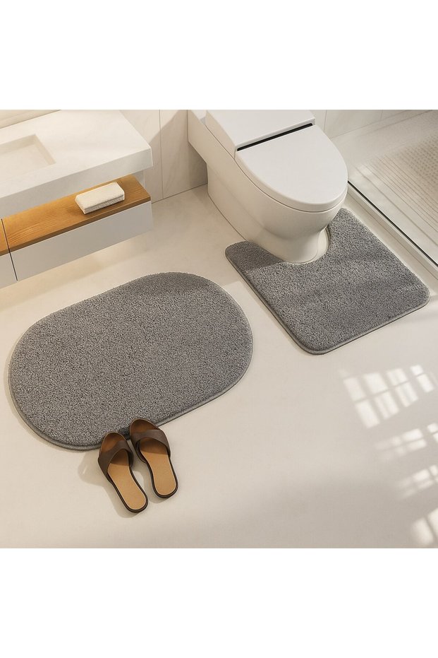 Shaggy Oval 2-Piece Bath Mat Set 60X100-60X50 100% Natural Latex Non-Slip Base Washable Bathroom Set