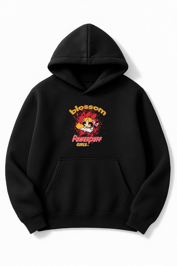 Black Oversized Unisex Blossom Powerpuff Girls Printed Hooded Sweatshirt