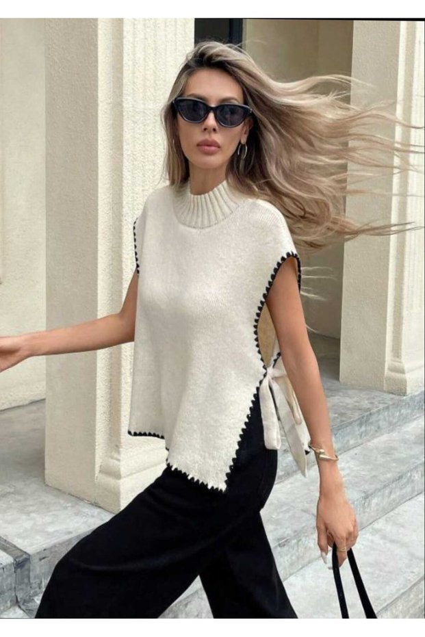Sleeveless Embroidery Detail Tie-Up Ecru Cardigan Women