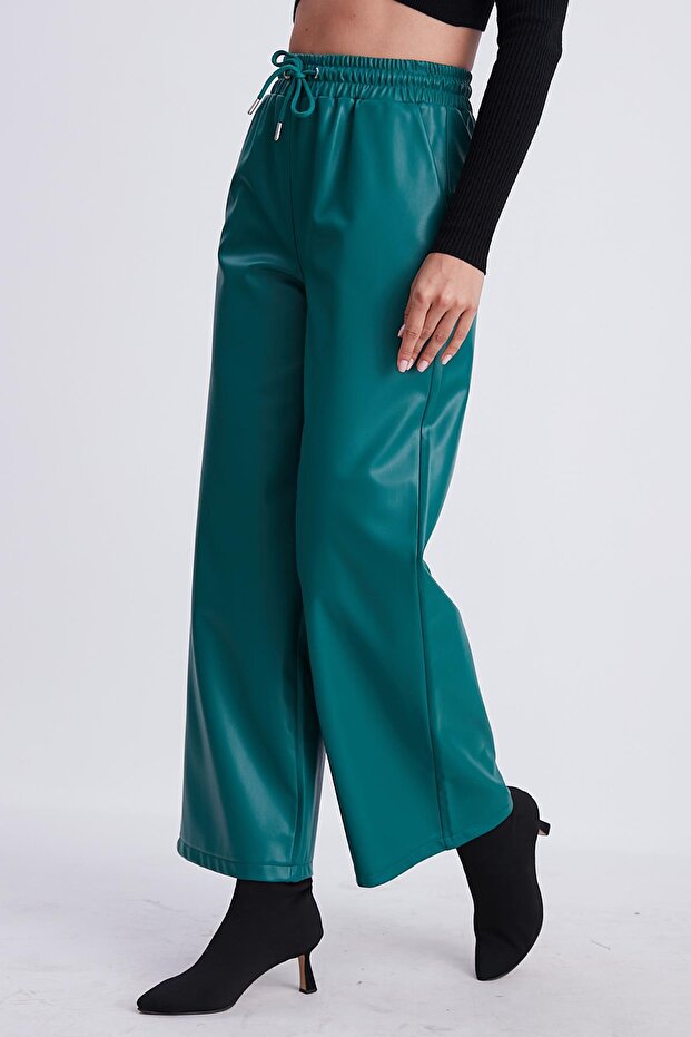 Green 3 Elastic Waist Wide Leg Leather Trousers 50713