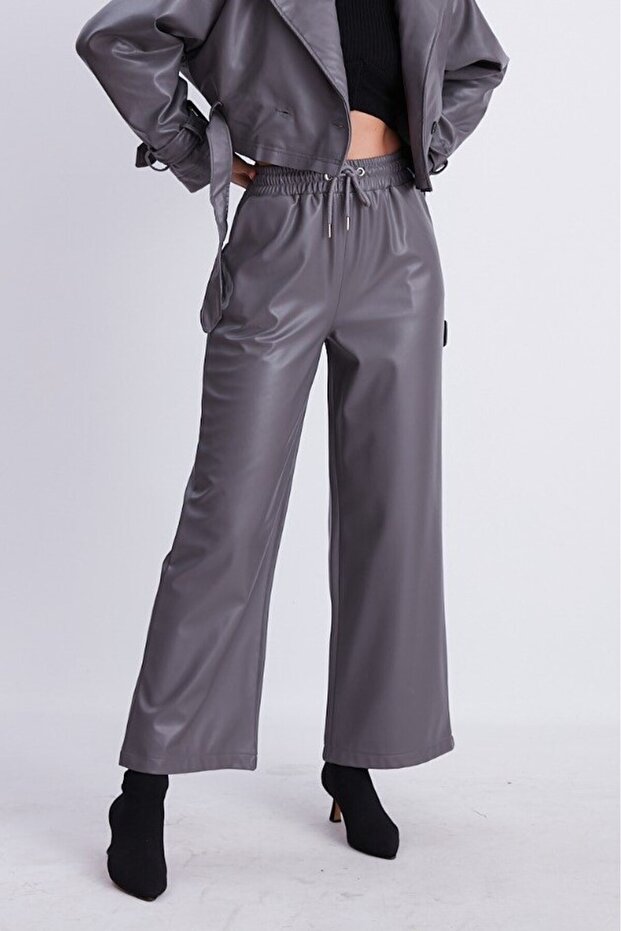 Gray 3 Elastic Waist Wide Leg Leather Trousers 50713