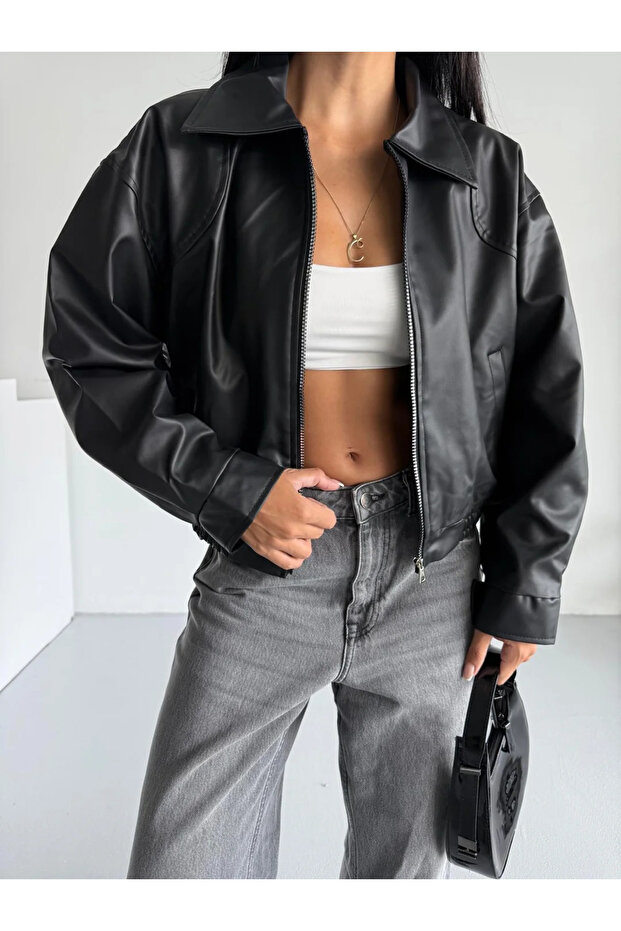 Dámská kožená bunda bomber s elastickým pasem - 1