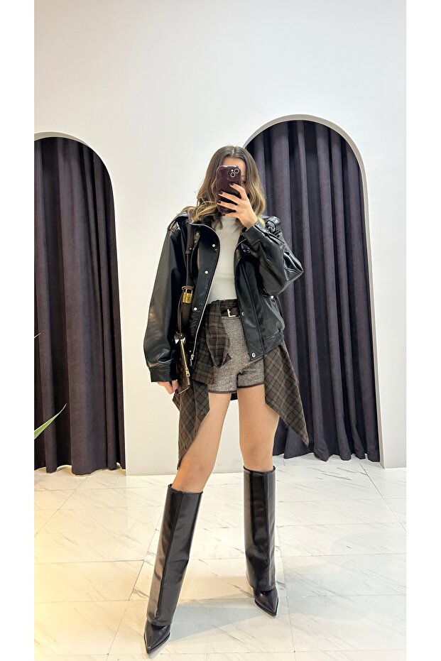 Leather Jacket with Pocket Detail and Belted Collar