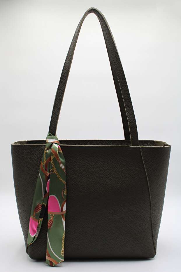 Women's Khaki Oversized Faux Leather Shoulder Bag with Scarf Detail