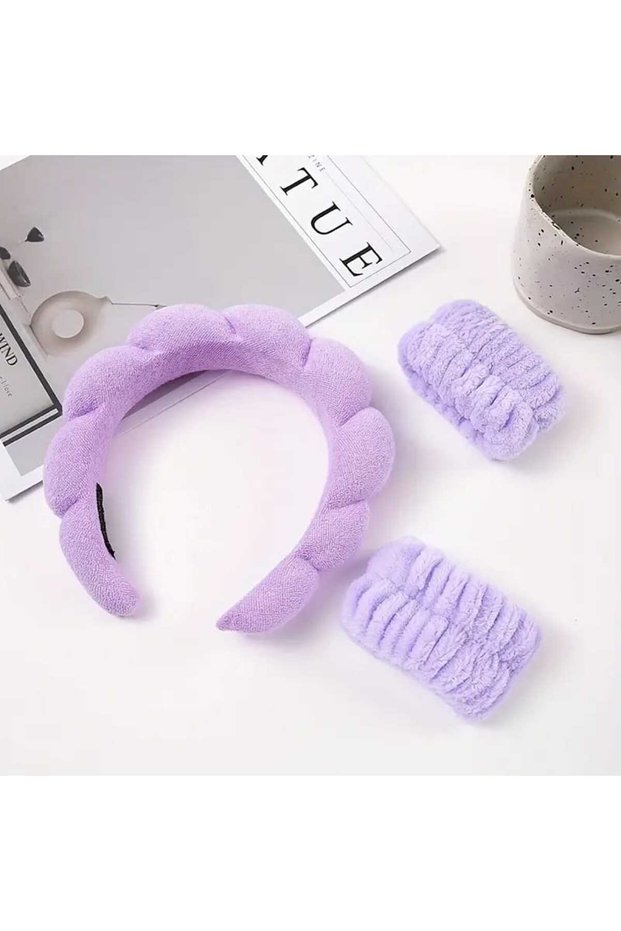 Women's Towel Fabric Curved Spa Makeup Crown and Face Wash Bracelet Set