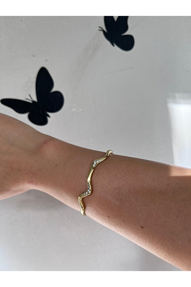 Stainless Steel Gold Stone Zigzag Model Shiny Bright Clamp Bracelet