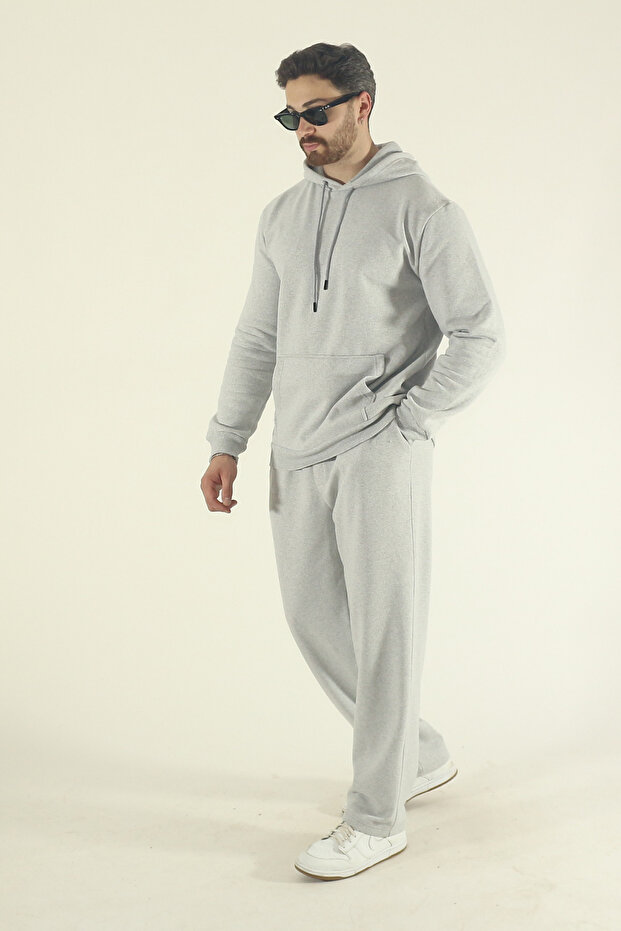 Men's Winter Fleece-Lined Sweatshirt with Kangaroo Pocket and Baggy Bottom Sweatpants Set-Grey