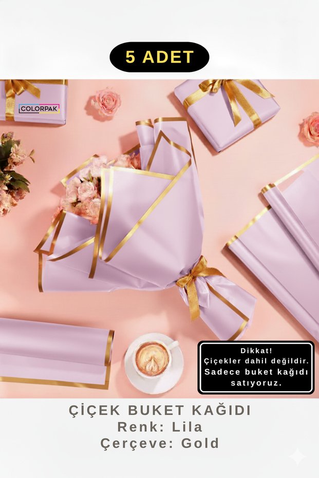 Flower Bouquet Wrapping Gelatin Paper (Lila Background and Gold Edge) Matte Opp 55X55Cm 5 Pieces