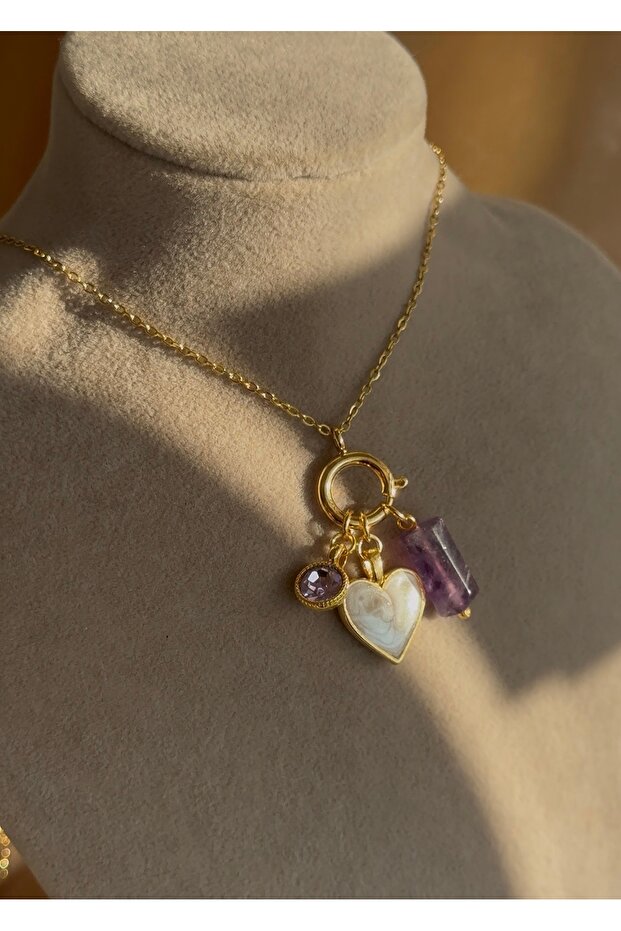 Amethyst Heart Charm Steel Necklace