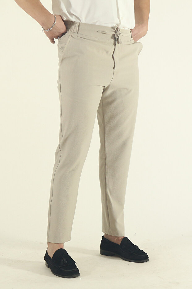 Men's Stretch Fabric Elastic Waist Lace-Up Striped Ankle Length Side Pocket Jogger Pants