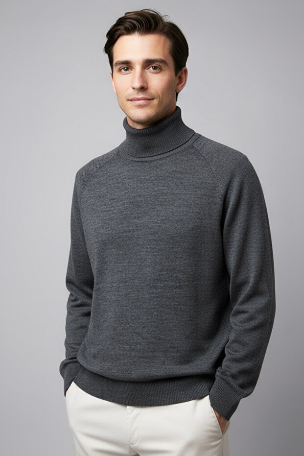 Men's Turtleneck Standard Fit Italian Raglan Knitwear Sweater Anthracite 26W2013