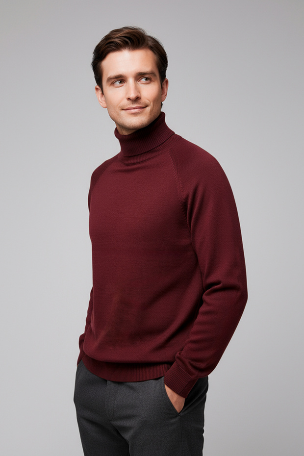 Men's Turtleneck Standard Fit Italian Raglan Knitwear Sweater Burgundy 26W2013