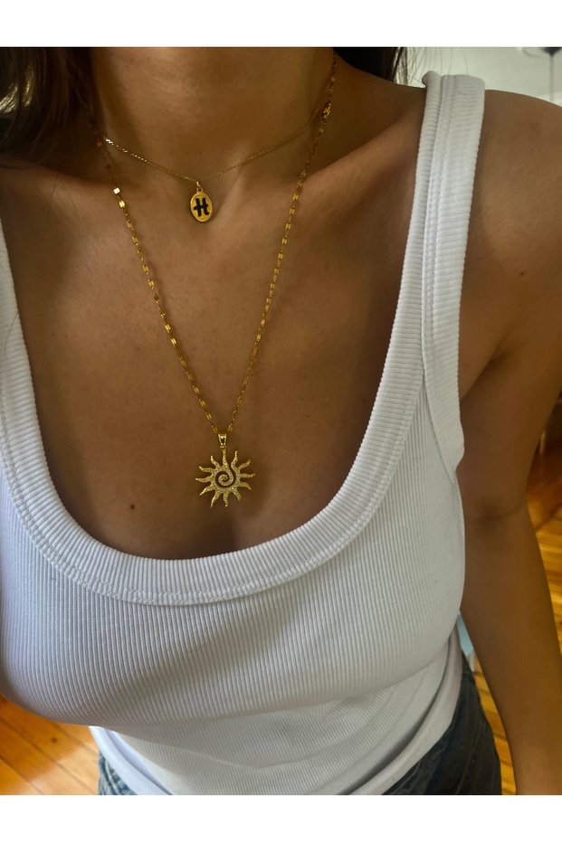 Steel Lip Chain Stone Sun Necklace