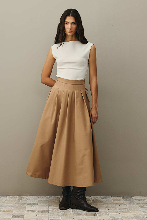 Pile Dikişli Etek Camel - 5