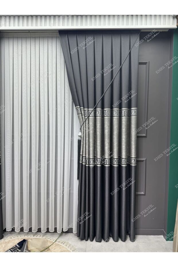 Pallas Desen Luxury Gray Panel Background Curtain with Silver Detailing, Tight Pleats (Single Panel Price)