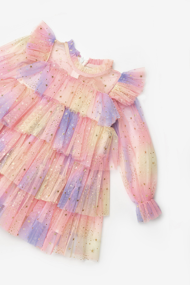 Sarı Varak Yıldız Baskılı Katlı Kız Çocuk Elbise - Chloe - 7