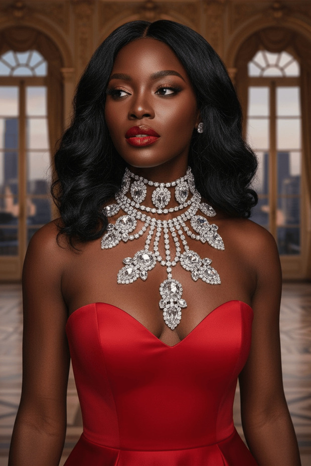 Silver Color Stone Detailed Design Evening Dress Necklace