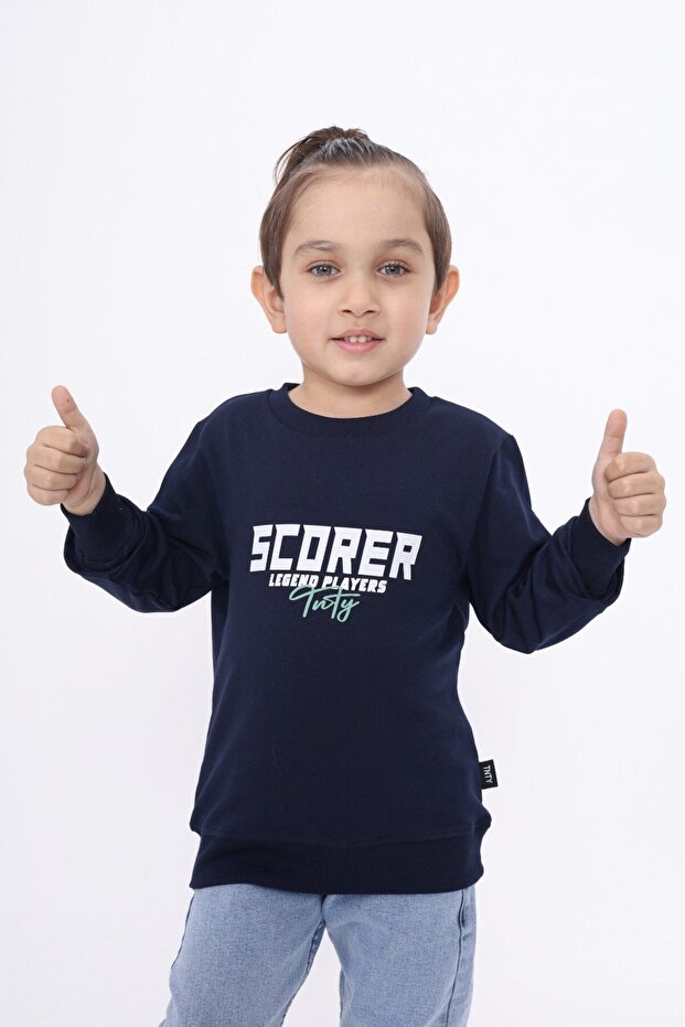 سويت شيرت رجالي باللون الأزرق الداكن من Relaxed Fit Crew Neck مطبوع - 2 Thread
