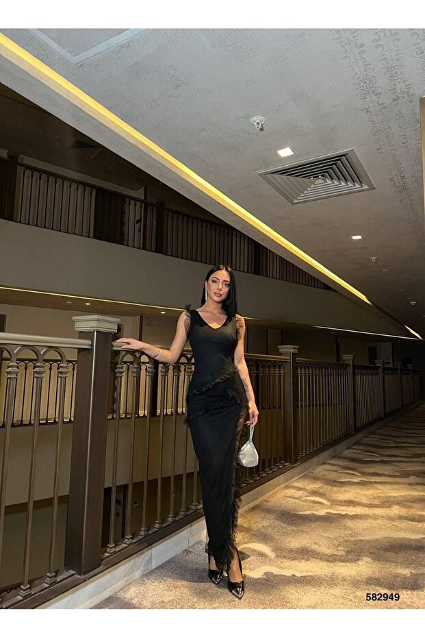 Slit Evening Dress Abi̇ye 582949 Black
