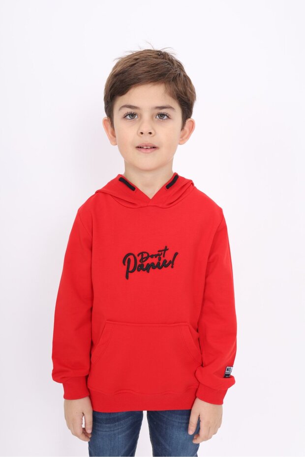 Red Boy's Relax Fit Hooded Pocket Embroidery Printed Sweatshirt - 2 Thread