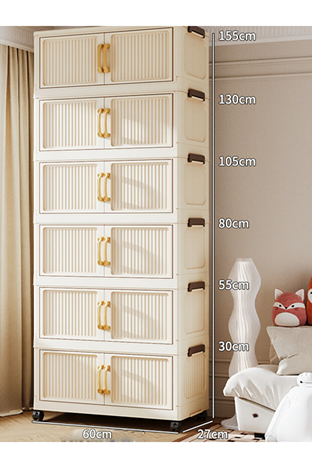 6-Tier Foldable Storage Cabinet with Wheels & Magnetic Doors, 60cm Wide