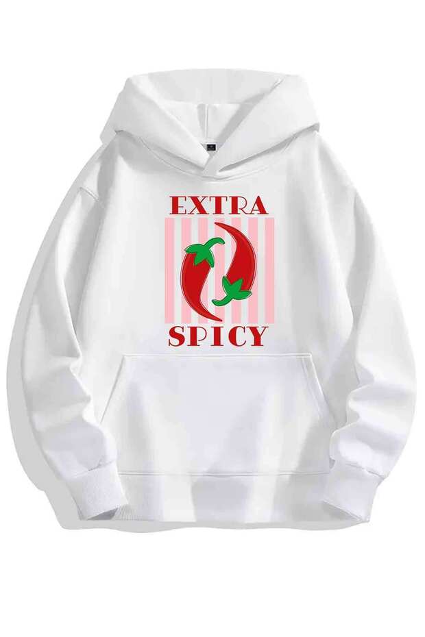 Unisex Hooded Sweatshirt with Extra Spicy Print Detail - Oversized Sweatshirt