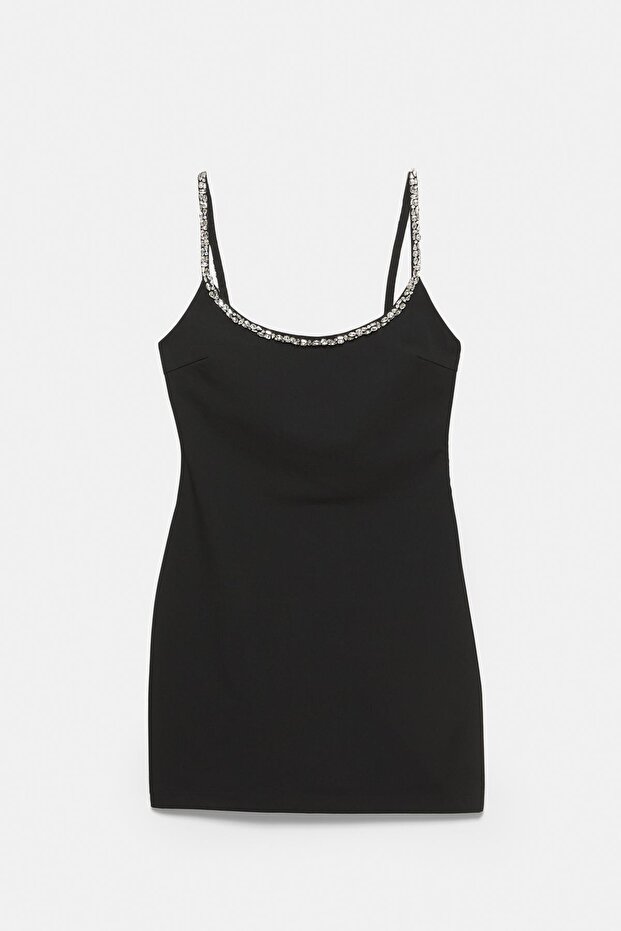 Askılı, taş detaylı elbise - 5